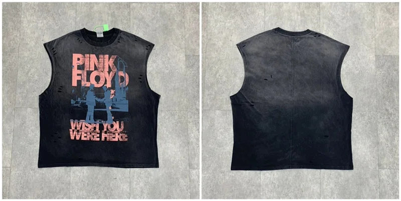 Vintage Washed Saint Sleeveless Tank T-shirts Oversize Men Woman Good Quality Black White Grey Hole Old Summer Streetwear