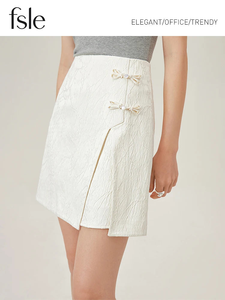 FSLE Beige Mini Skirts New Chinese Style Asymmetric Jacquard Short Skirt Summer Women Black A-LINE Skirts 24FS12897