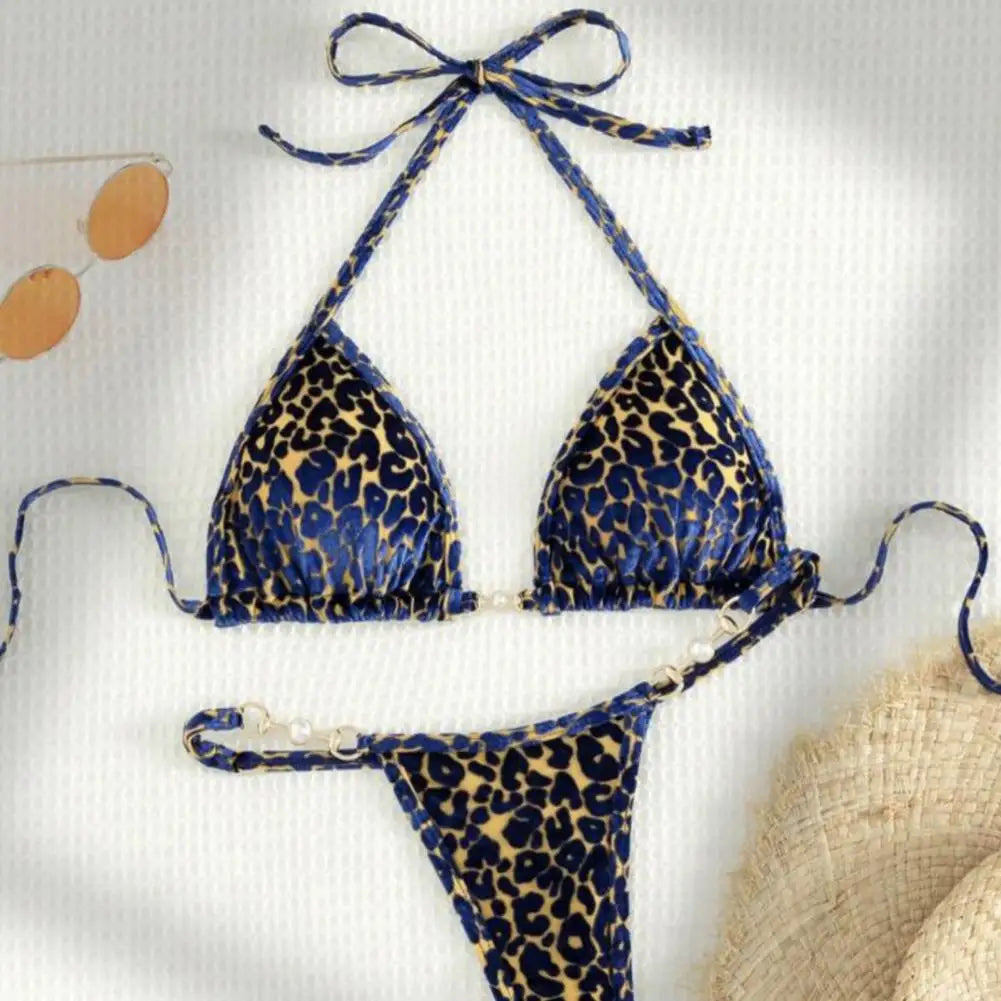 2Pcs/Set Women Bikini Set Leopard Print Halter Bra Faux Pearls Briefs Set Quick Drying Two-piece Lady Swimsuit Beachwear