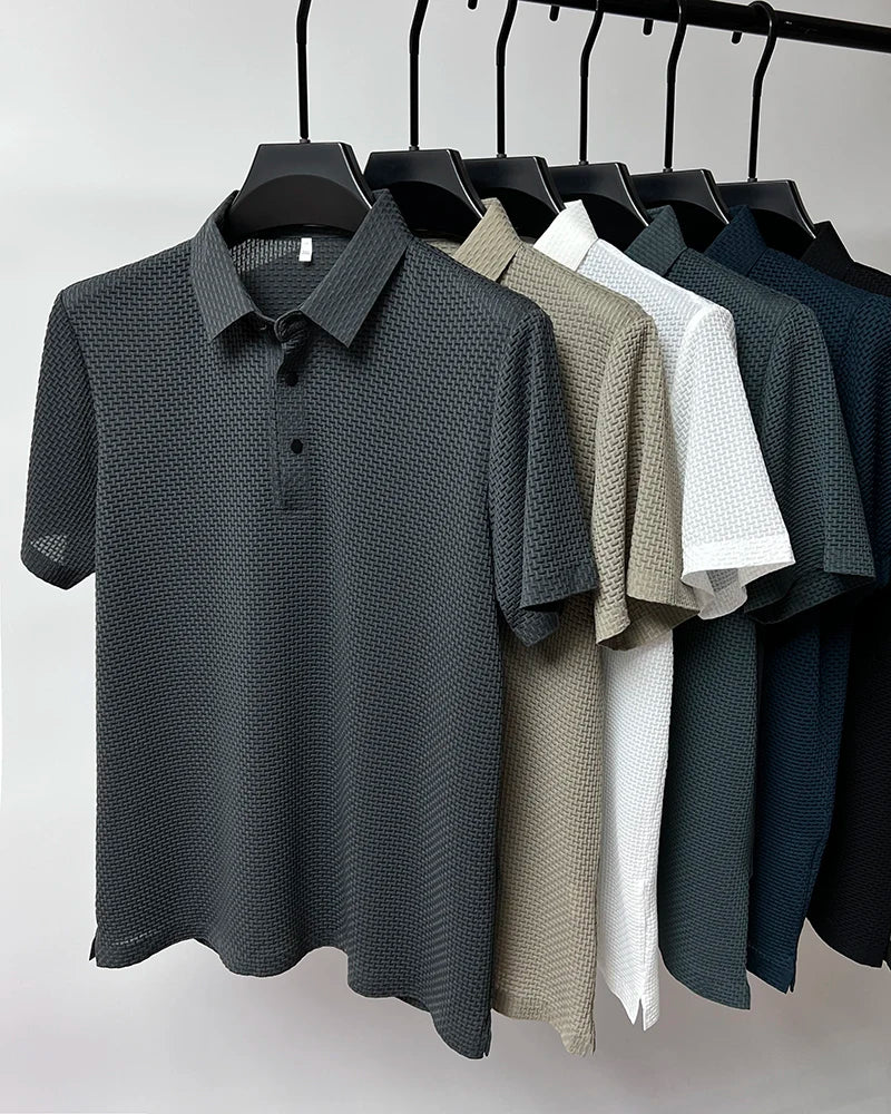 Summer New Men's Lop-up Hollow Short-sleeved Polo Shirt Ice Silk Breathable Business Fashion T-Shirt Male Brand Clothes