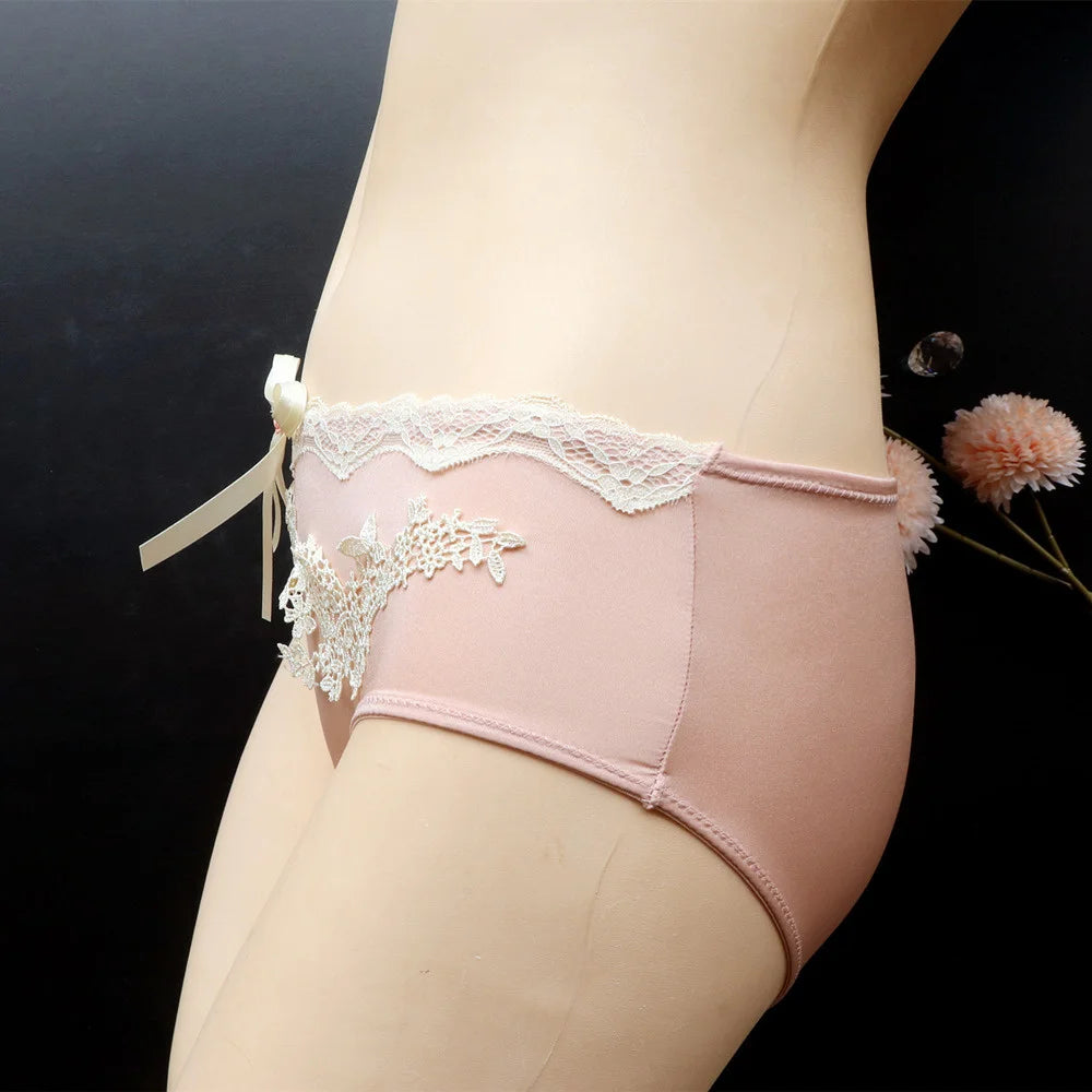 SP&CITY Flower Embroidery Ice Silk Bow Sexy Women's Underwear Low Waist Traceless Breathable Summer Thin Panties Seamless Briefs