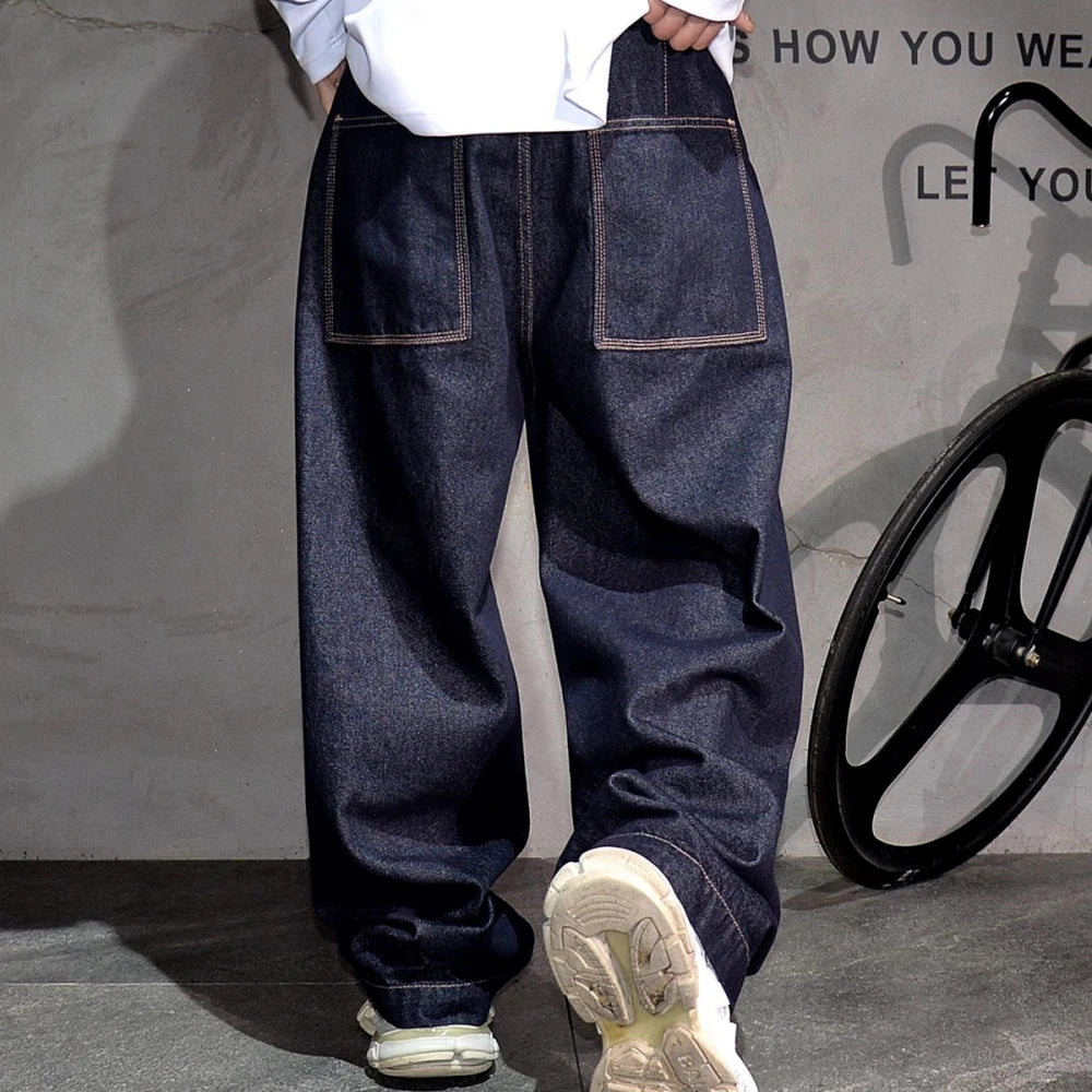 Mens American High Street Baggy Jeans Navy Blue Premium Denim Wide Leg Straight Loose Fit Korean Streetwear Trendy Pants Male