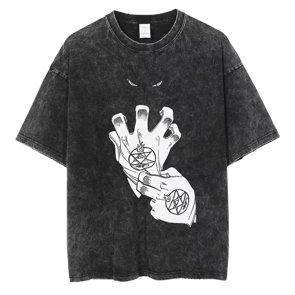 Anime Hellsing Alucard Graphic T Shirt Men Vintage Washed Manga T-shirts Short Sleeve Street Harajuku Casual Cotton Male Tops
