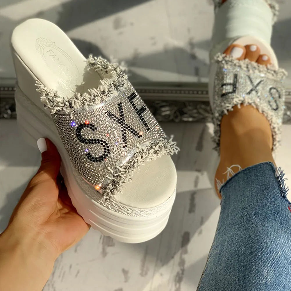 Newest Ladies Shoes Crystals Wedges Woemn's High Heels Leisure Summer Sandals Female Thick Sole Diamond Platform Mules Slippers