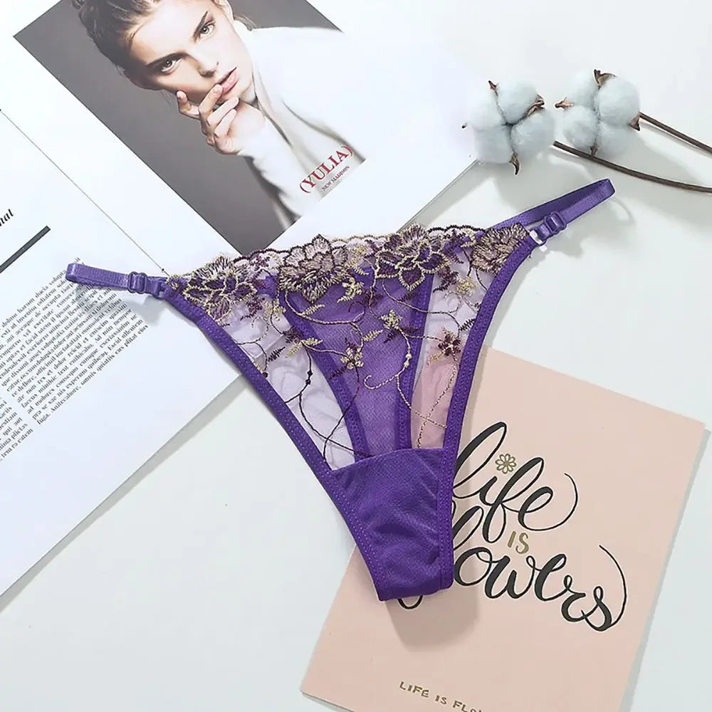 New Underwear Women Embroidery Flower Hollow Mesh Panties Soft Thin G-String Solid Thongs Sexy Female Underpants Lingerie