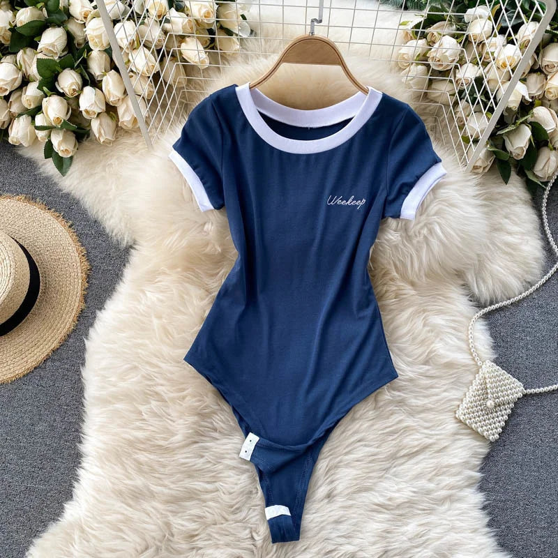 Foamlina Short Sleeve Knitted Skinny Bodysuit Women Summer Fashion Color Block Letters Embroidery O-neck Slim Body Top Jumpsuit