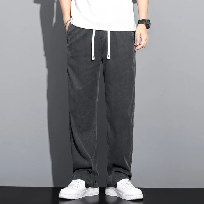 Summer Soft Lyocell Fabric Men's Jeans Thin Loose Straight Pants Drawstring Elastic Waist Korea Casual Trousers Plus Size
