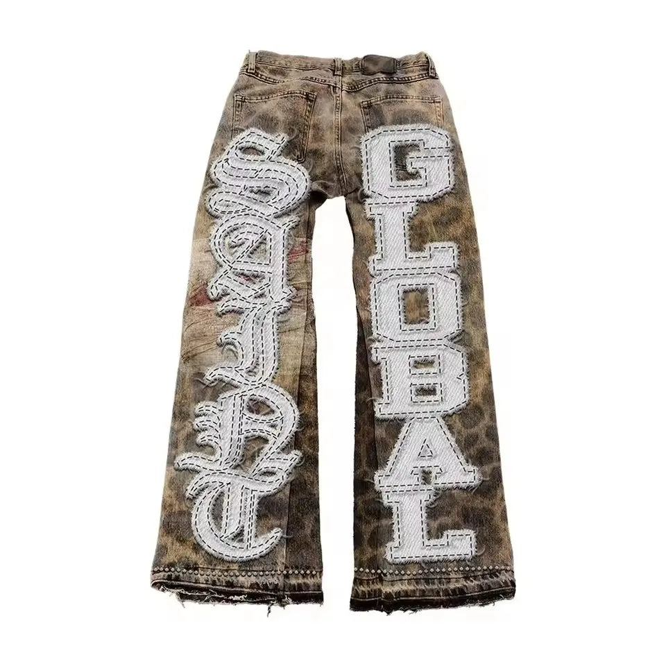 Gothic Retro Leopard Print Pattern Mens Clothes Y2k Two Piece Set Zipper Jacket Ripped Jeans Tracksuit Men Patchwork Streetwear