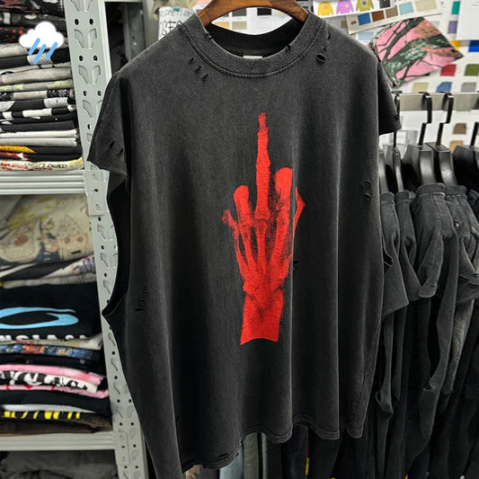 Red Skull Finger Print Damaged Hole Saint Tank Tee Men Women Streetwear Oversized Vest Vintage Washe Black Sleeveless T Shirt