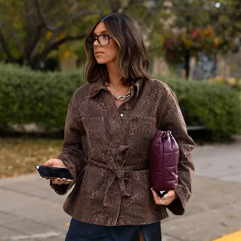 Leopard Printed Denim Single Breasted Belt Women's Coat Fashion Lapel Long Sleeve Short Jacket Fall New Lady Highstreet Outwear