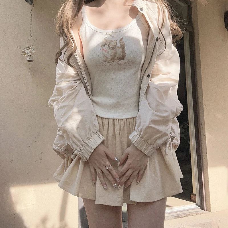 Cute Tops Women Summer Cotton Camis Pink Bow Print Knitted Crop Top for Sweet Girl Lolita Style Kawaii Clothes