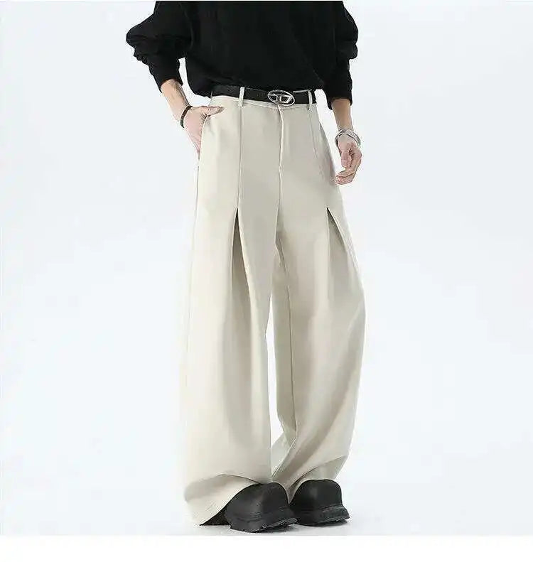 IEFB Pleated Design Men's Suit Pants Casual Solid Color American Style Bottom Drape Straight Wide Leg Male Trousers Simple 9W717