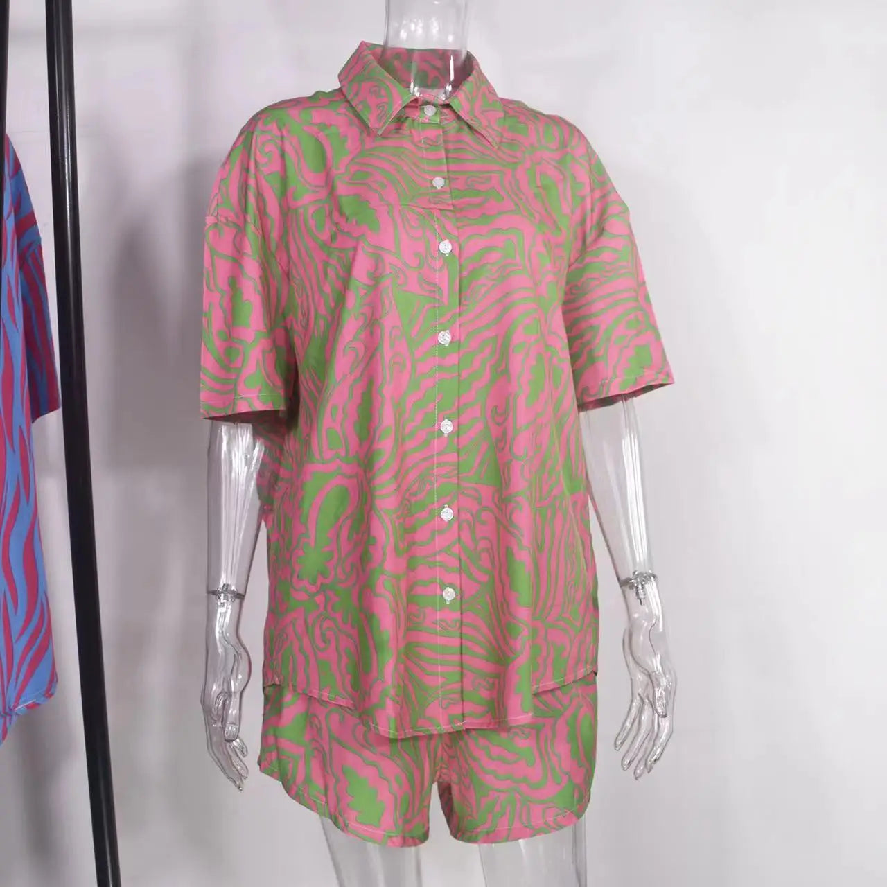 2024 new European and American clothing single-breasted lapel short-sleeved shirt two-piece set wide-leg pants lace-up shorts