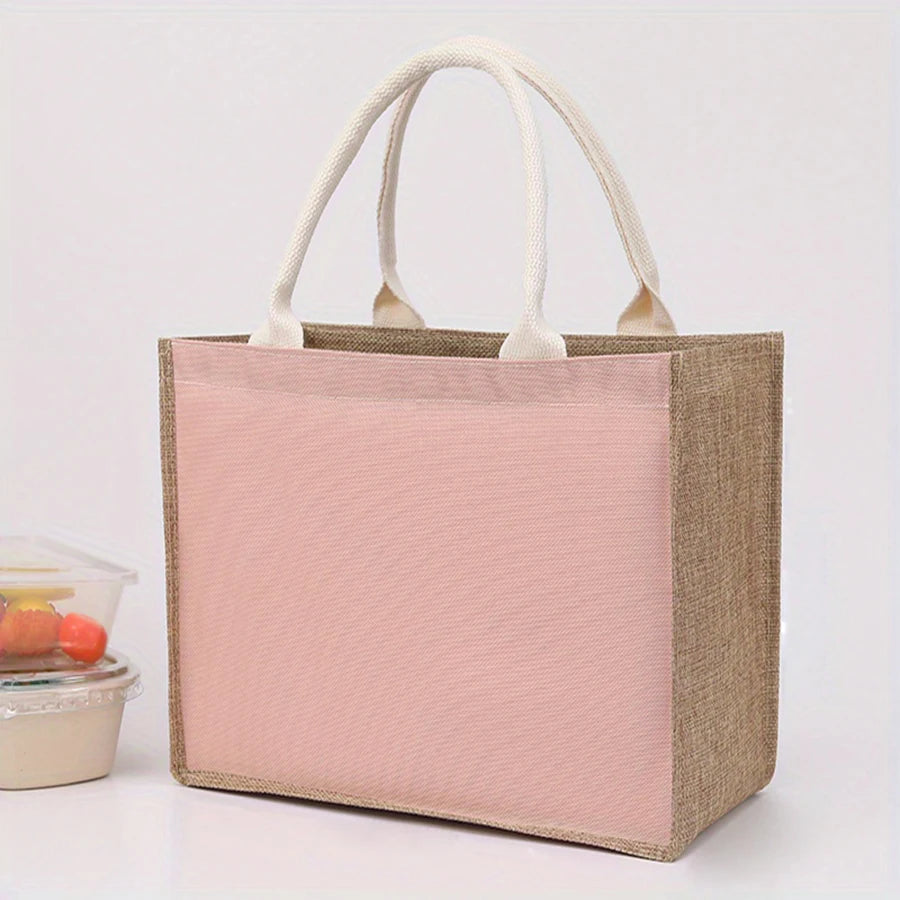 Simple solid color large capacity women's handbag reusable imitation linen zipper handbag commuting bag shopping bag