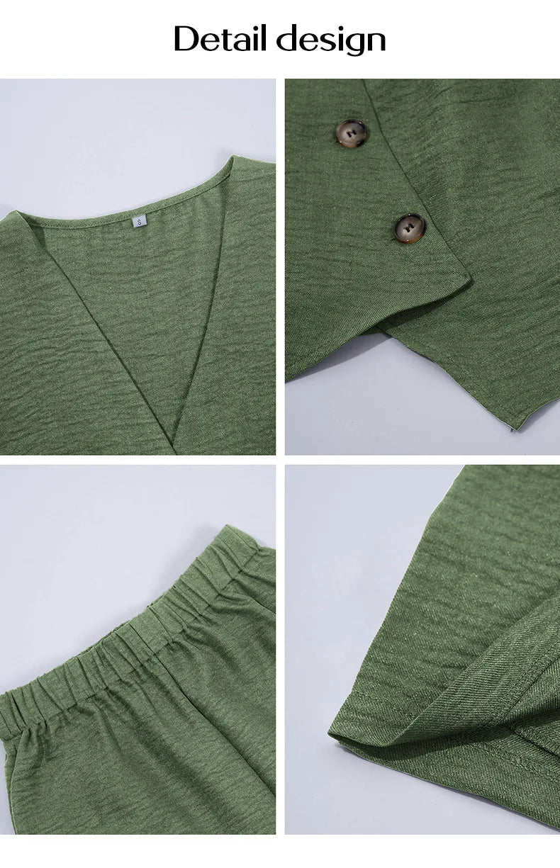 Fashion V-neck Asymmetrical Single-breasted Lady Waistcoat Two-piece Set Spring Summer New Casual Elastic Waist Women Shorts Set