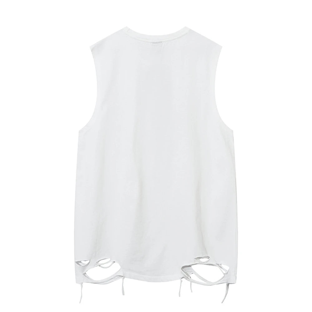 Hip Hop Tank Tops Men's Vintage Letter Graphic Sleeveless T-Shirt Streetwear Hole Harajuku Dancing Breathable Tops with Necklace