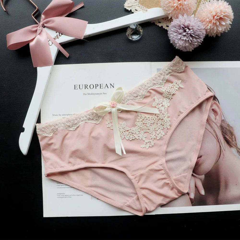 SP&CITY Flower Embroidery Ice Silk Bow Sexy Women's Underwear Low Waist Traceless Breathable Summer Thin Panties Seamless Briefs