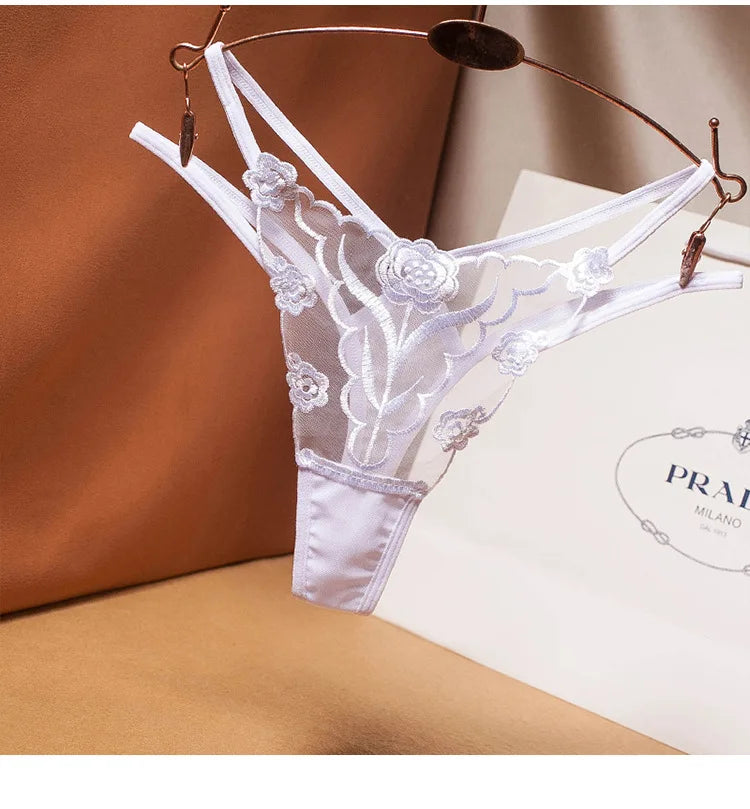 New Women Sexy Embroidered Ladies Thong Transparent Mesh Florid Strap Temptation Low Waist Panties Female Hot T Pants Large Size