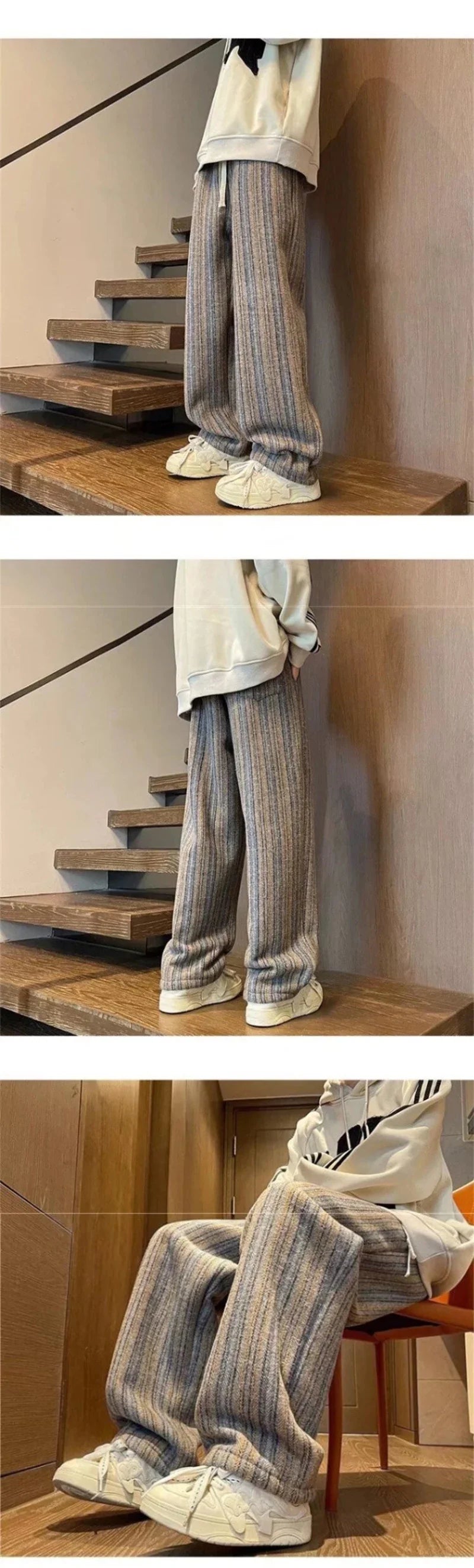 2025 New Men's Striped Woolen Straight Leg Trousers Classic Y2K Vintage Baggy Pants Casual High Street Fashion Gym Sweatpants