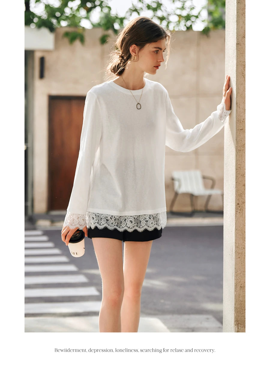 OLrain Cotton White T-shirt Women 2025 Autumn Casual Loose Tee Shirt Crewneck Lace Long Sleeve Tops Woman Clothing N57CT95669