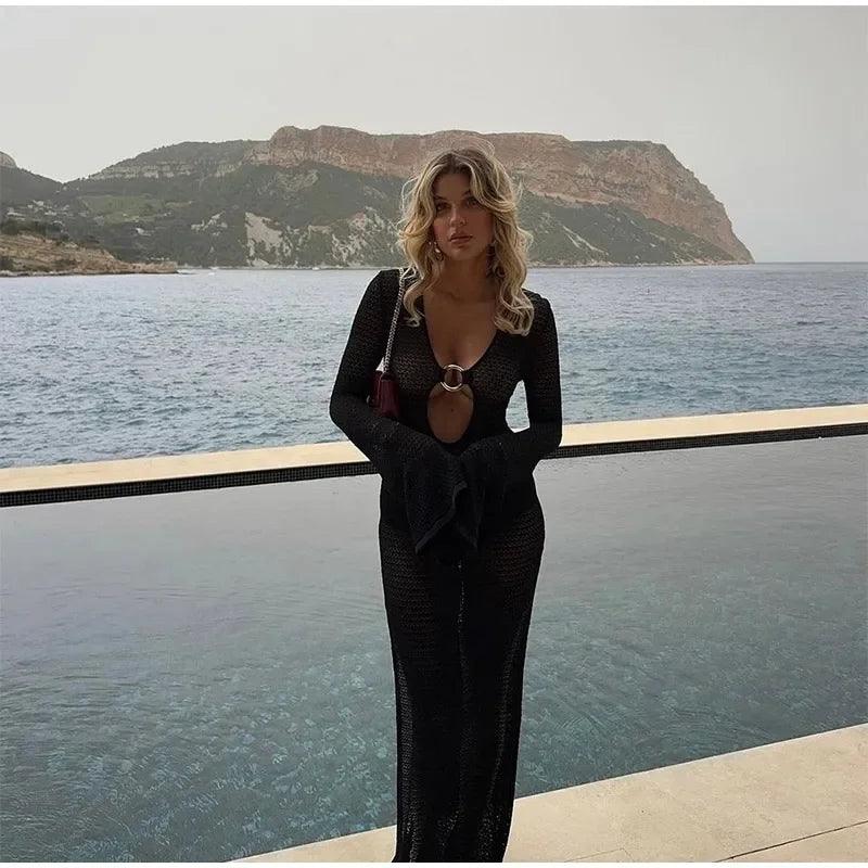 Sexy Hollow Out Metal Ring Buckle Splicing Knit Women Maxi Dress Chic Full Sleeve High Waist Long Dresses Lady Beach Party Robes