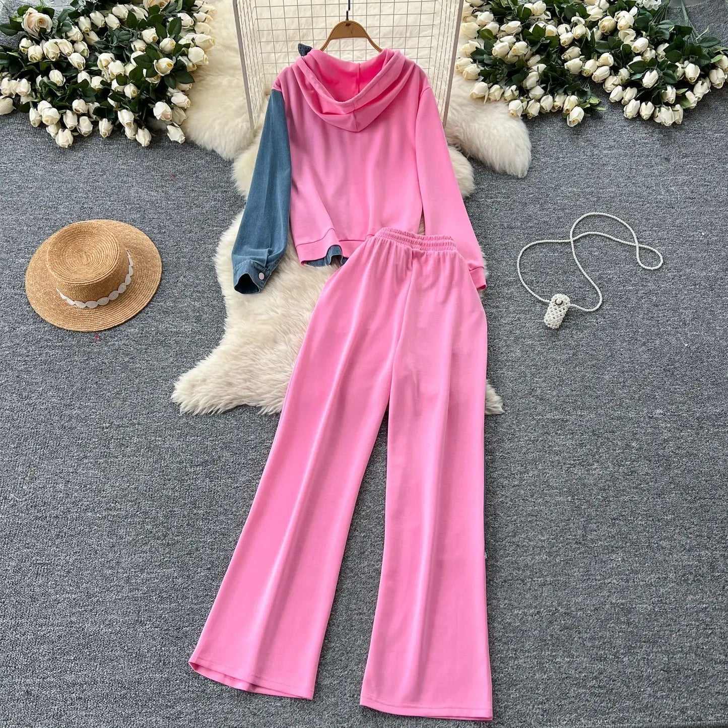 Pant Set Women Two Piece Sets Hooded Matching Sets Casual Loose Tops Wide Leg Long Pants Elastic Waist Lace Up Splice Denim 2025