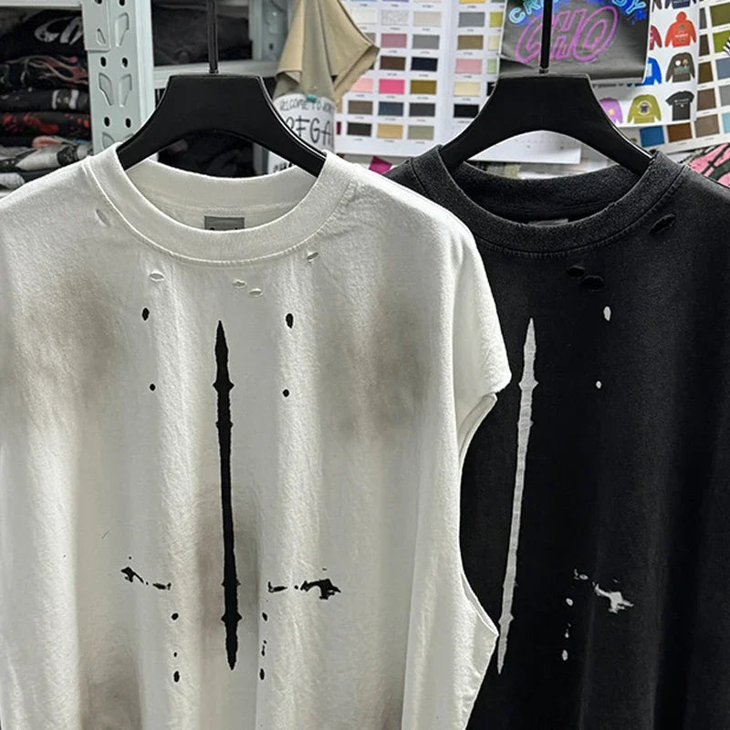 Red Skull Finger Print Damaged Hole Saint Tank Tee Men Women Streetwear Oversized Vest Vintage Washe Black Sleeveless T Shirt