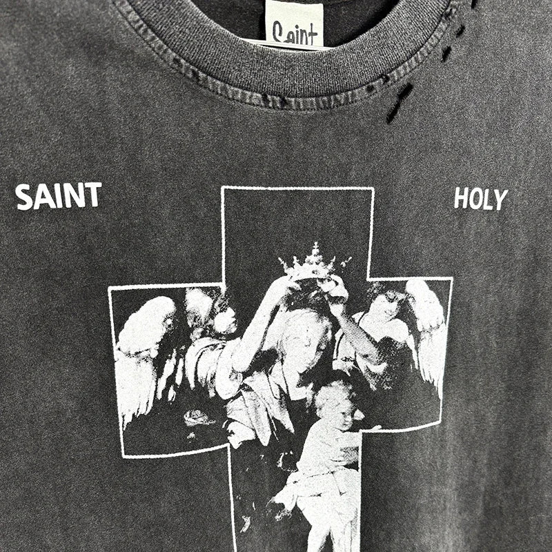 Red Skull Finger Print Damaged Hole Saint Tank Tee Men Women Streetwear Oversized Vest Vintage Washe Black Sleeveless T Shirt