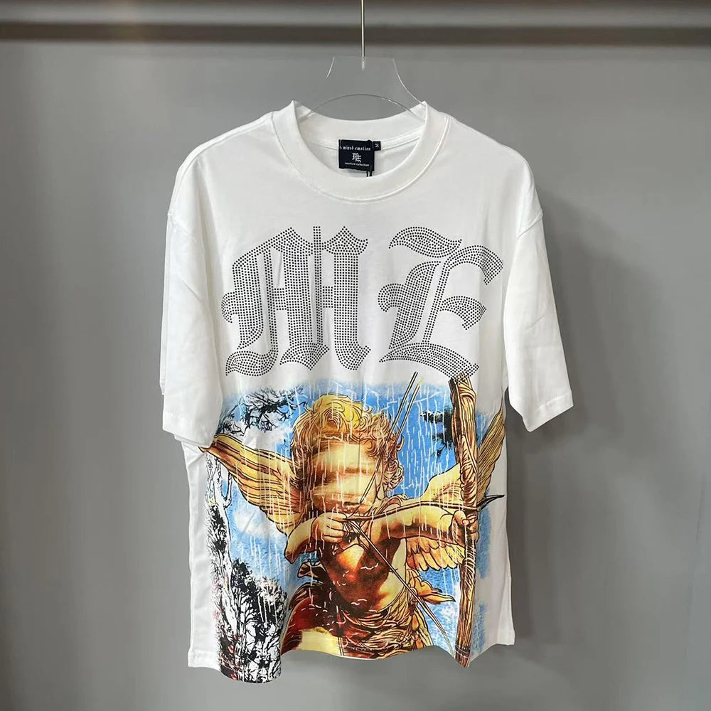 Summer Letter Rhinestone Short Sleeve Tshirts for Men White Streetwear Cotton Loose Crew Neck Top Tees Oversized Unisex Tshirt