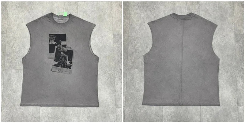 Vintage Washed Saint Sleeveless Tank T-shirts Oversize Men Woman Good Quality Black White Grey Hole Old Summer Streetwear