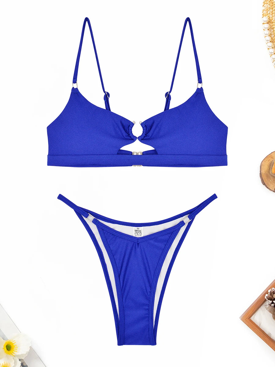 Hollow Out Bikini 2025 Solid Ring Link Swimsuit Women Padded Swimwear Female Bathers Bathing Swimming Swim Suit Beachwear