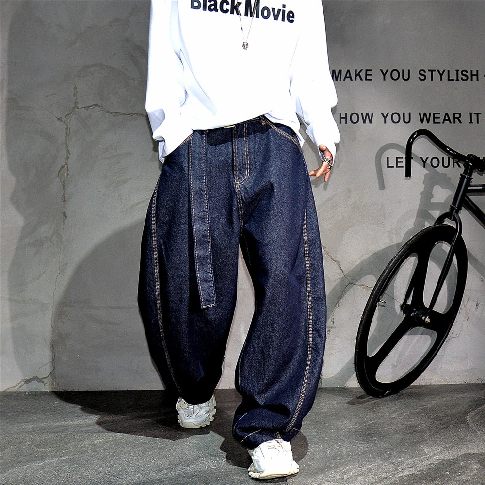 Mens American High Street Baggy Jeans Navy Blue Premium Denim Wide Leg Straight Loose Fit Korean Streetwear Trendy Pants Male