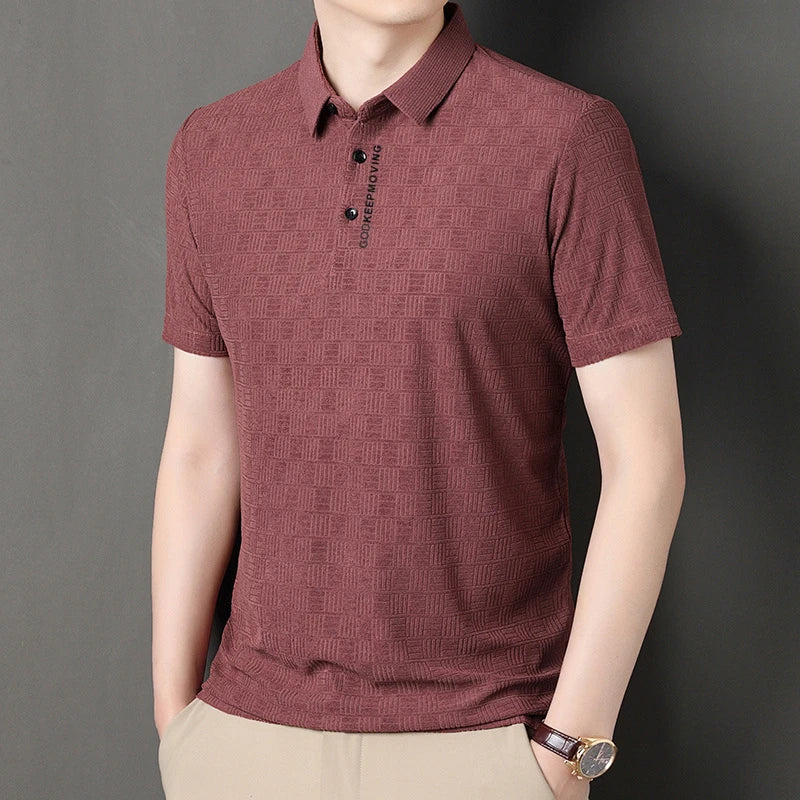 New Men's Business Casual Short Sleeved Shirt with Badge Solid Color Polo Shirt Fashionable Breathable Comfortable Versatile Top
