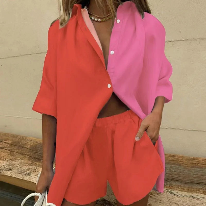 2024 new European and American clothing single-breasted lapel short-sleeved shirt two-piece set wide-leg pants lace-up shorts