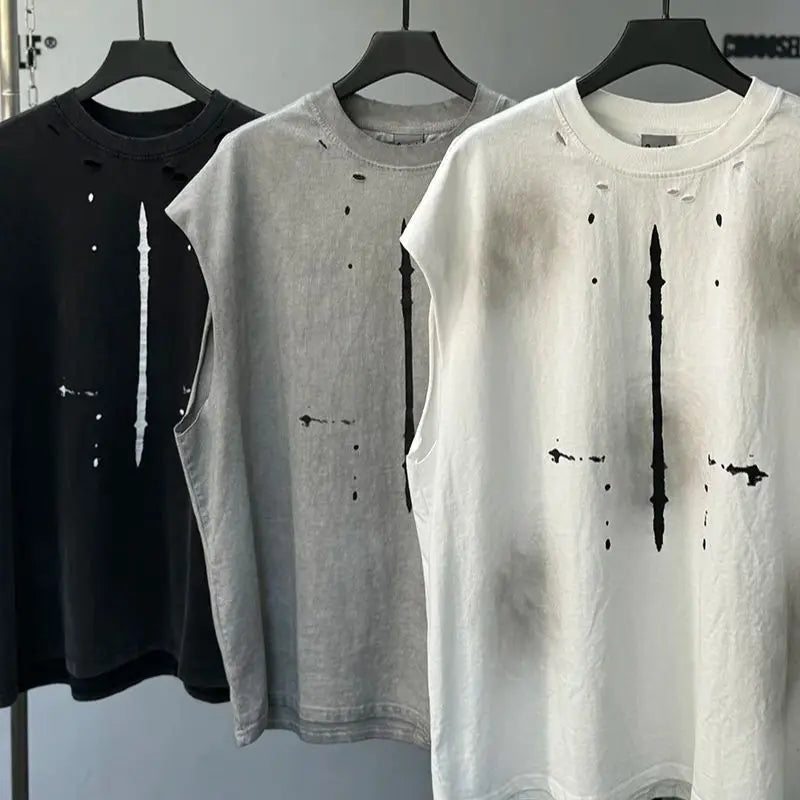 Vintage Washed Saint Sleeveless Tank T-shirts Oversize Men Woman Good Quality Black White Grey Hole Old Summer Streetwear