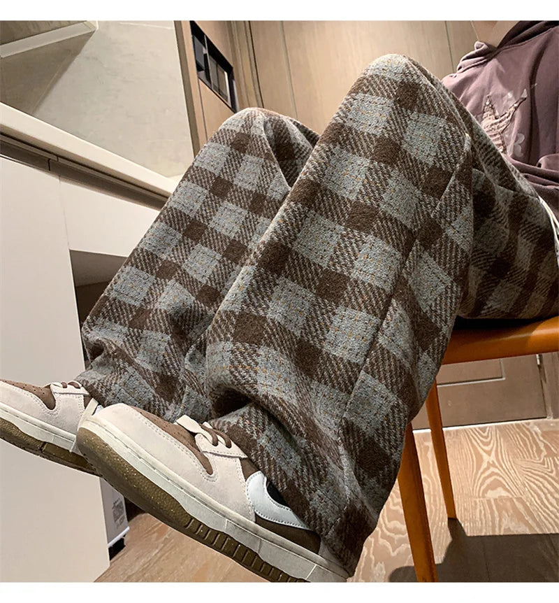 New Y2K Vintage Plaid Baggy Pants Men's High Street Woolen Straight-leg Trousers Autumn Korean Fashion Hip Hop pantalones hombre