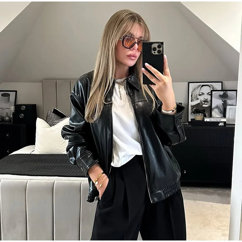 PU Leather Jacket For Women Zipper Turn-down Collar Loose Fashion Coat Luxury Brown 2025 Spring Street Motorcycle Overcoat Top