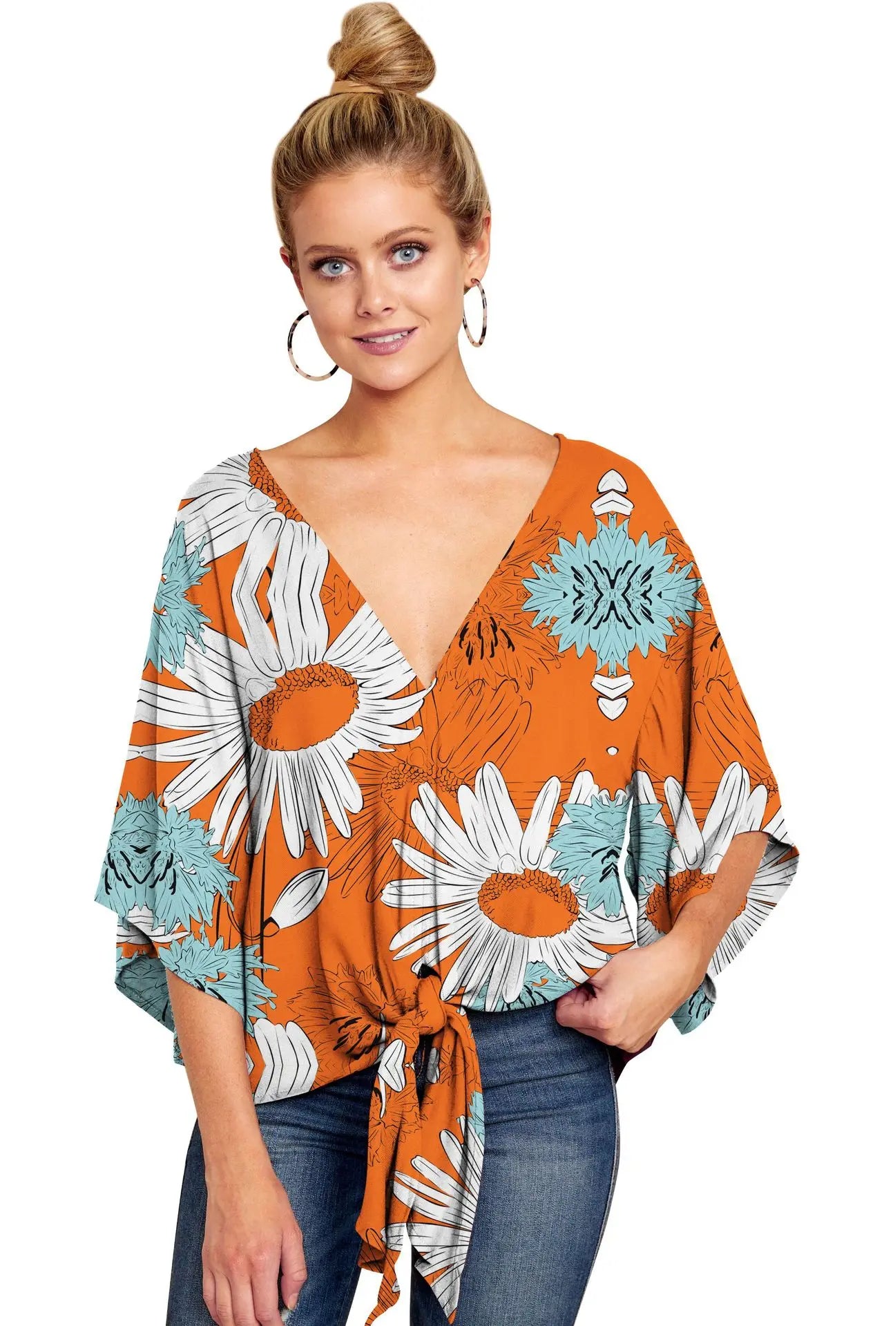 Spring Summer 2024 New Women's Shirt Sexy V-neck Short Sleeved Fashionable Printed Knot Printed  Sleeve Top