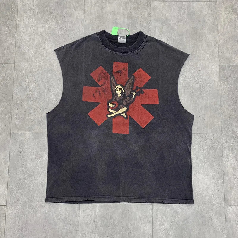 Vintage Washed Saint Sleeveless Tank T-shirts Oversize Men Woman Good Quality Black White Grey Hole Old Summer Streetwear