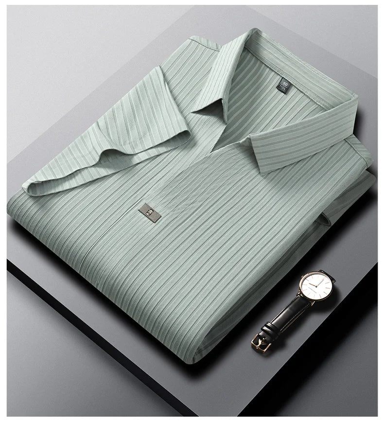 High quality personality texture stripe short sleeve polo shirt summer ice silk breathable buttonless men's solid color T-shirt