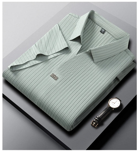 High quality personality texture stripe short sleeve polo shirt summer ice silk breathable buttonless men's solid color T-shirt