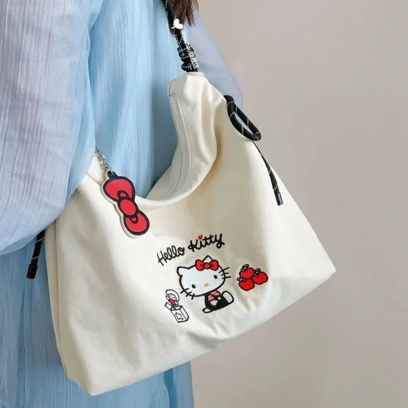 Sanrio Embroidered Canvas Shouler Bag for Women Girl College Student Cute Large Capacity Tote Durable Fashion