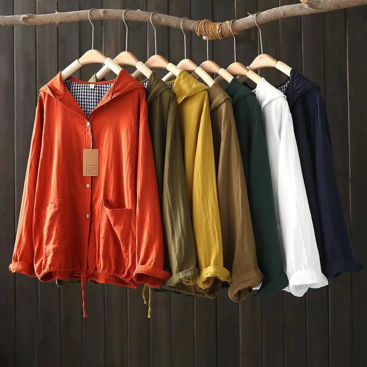 100% Cotton Yarn Shirts Large Size Tops Women Japan Style Hooded Long Sleeve Shirts and Blouses Loose Hoodies Outwear