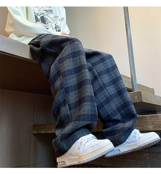 New Y2K Vintage Plaid Baggy Pants Men's High Street Woolen Straight-leg Trousers Autumn Korean Fashion Hip Hop pantalones hombre