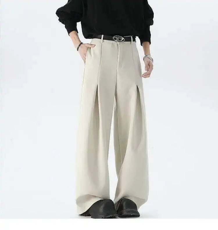 IEFB Pleated Design Men's Suit Pants Casual Solid Color American Style Bottom Drape Straight Wide Leg Male Trousers Simple 9W717
