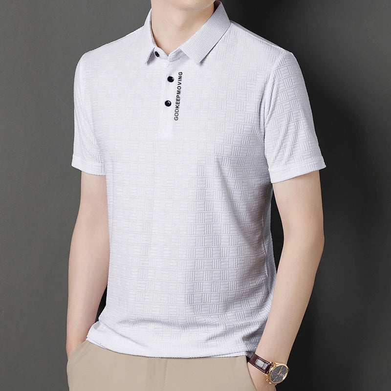 New Men's Business Casual Short Sleeved Shirt with Badge Solid Color Polo Shirt Fashionable Breathable Comfortable Versatile Top