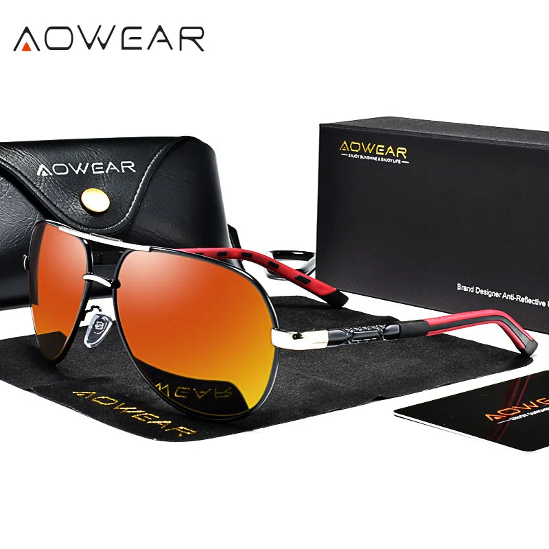 AOWEAR Aviation lunettes de soleil polarisées hommes en aluminium conduite miroir lunettes de soleil mâle marque concepteur rétro lunettes accessoires gafas