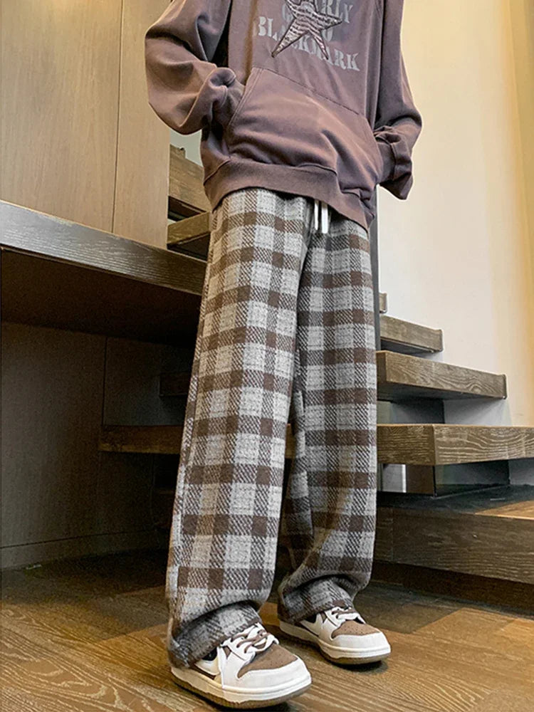 New Y2K Vintage Plaid Baggy Pants Men's High Street Woolen Straight-leg Trousers Autumn Korean Fashion Hip Hop pantalones hombre