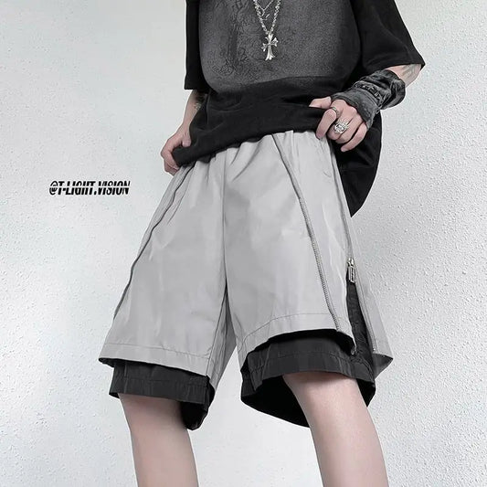 American Functional Shorts Men's Summer Design Fake Two-piece Zippered Trousers Loose Casual Pants