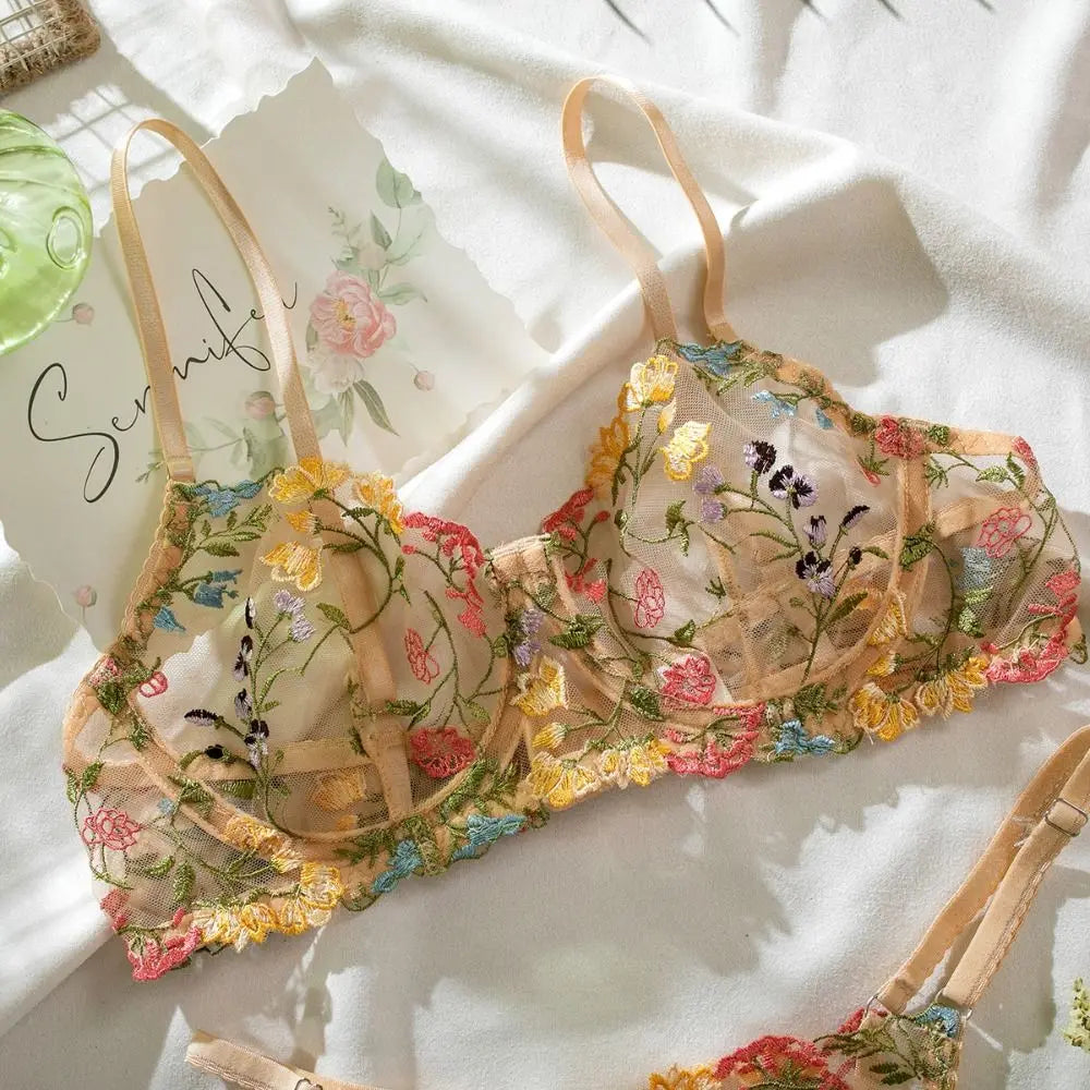 2-Piece Versatile Floral Lingerie Set Embroidery Sheer Boho Bra Panty Set Women Underwear Wireless Bra